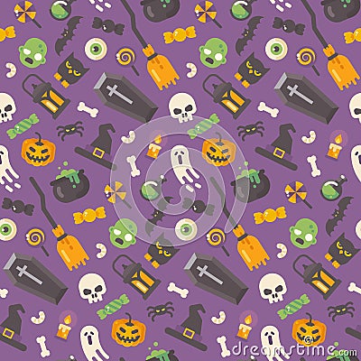 Halloween flat icons pattern on purple background Vector Illustration