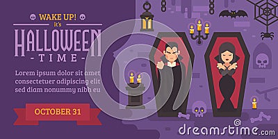 Halloween flyer with vampires sleeping in coffins Vector Illustration