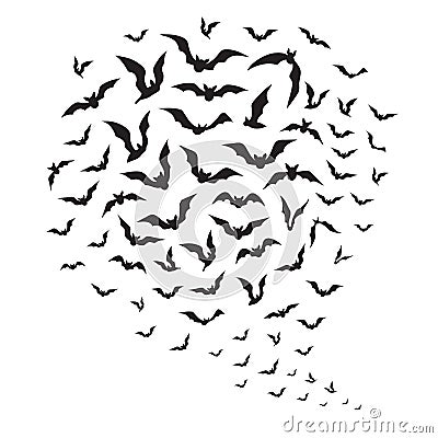 Halloween flying bats. Swarm of bat silhouettes in sky. Creepy batman halloween vector decoration Vector Illustration