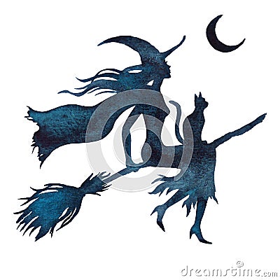 Halloween flying witch on a broom, silhouette on the white background Vector Illustration