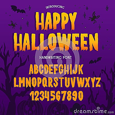 Halloween font. Typography alphabet with colorful spooky and horror illustrations Vector Illustration