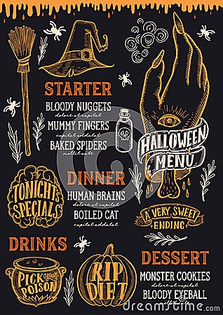 Halloween food menu on a chalkboard. Vector Illustration