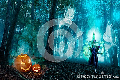 Halloween Forest Spirits And Witch Stock Photo