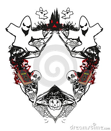 Halloween Frame with castle, skulls and scary ghosts Vector Illustration