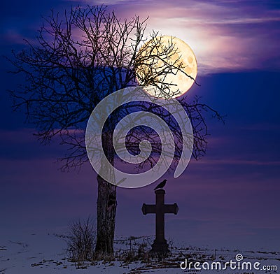 Halloween full moon and cross Stock Photo