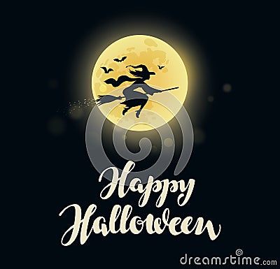 Halloween. Full moon witch flying on broom. Vector illustration Stock Photo