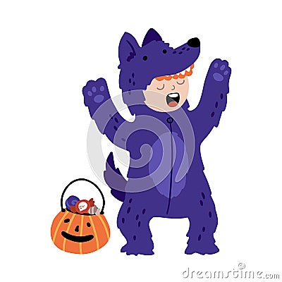 Halloween funny purple wolf werewolf with a bucket of candy. Kids costume party. Cute childish illustration of magic Vector Illustration