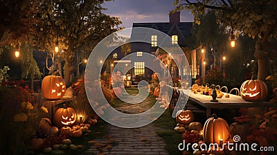 A Halloween garden party setting in a front yard, with artistically carved pumpkins serving as centerpieces Stock Photo