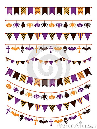 Halloween garland. Festive buntings with pumpkins, spiders and skull for greeting cards invitations, colorful flags flat Vector Illustration