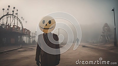 Halloween ghost balloon head figure in the abandoned theme park AI created Stock Photo