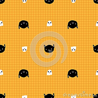 Halloween Ghost Black Cat Check Square Seamless Pattern Vector Illustration