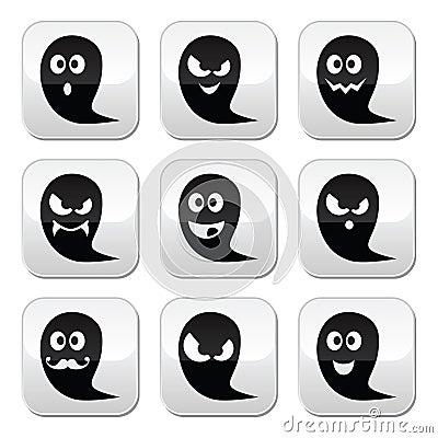 Halloween ghost buttons set - scary, friendly, happy Stock Photo