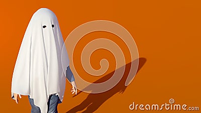 Halloween ghost kid orange background white sheet disguise costume 3D illustration Cartoon Illustration