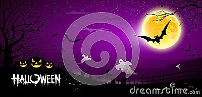 Halloween ghost scary purple background Vector Illustration