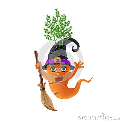 Halloween ghost vegetables. Cartoon carrot monster, witch wearing hat and broom Vector Illustration