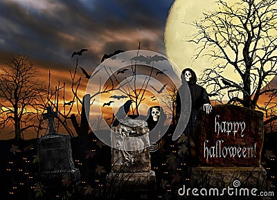 Halloween Ghosts Cemetery Bats Stock Photo