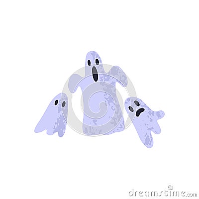 Halloween ghosts. Cute funny boo characters. Spooky phantoms in doodle style. Scary horror spooks family. Childish flat Vector Illustration
