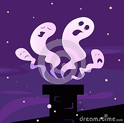 Halloween ghosts flying around chimney Vector Illustration