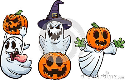 Halloween ghosts and pumpkins with evil smiles. Vector Illustration