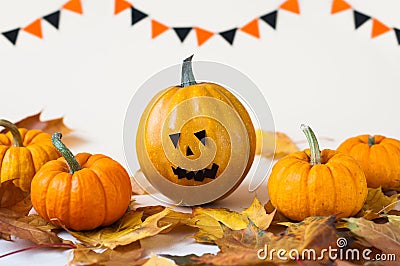 Halloween glitter pumpkin jack o lantern decor with funny faces.yellow ghost pumpkin with witch hat on white wooden borad Stock Photo