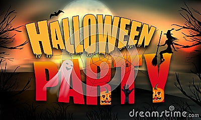 Halloween glow night background full moon. Phrase Halloween party with spider web and young witch, pumpkin and ghost. Vector Vector Illustration