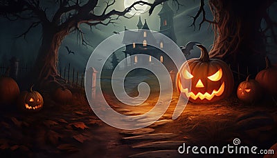 Halloween glowing Jack o'lantern pumpkins near spooky haunted house Stock Photo