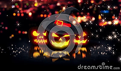 Halloween Glowing Pumpkins Night City Bokeh Background 3D Stock Photo