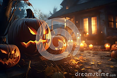 Halloween glowing scary lantern ghost pumpkin faces i autumn gloomy creepy town Stock Photo
