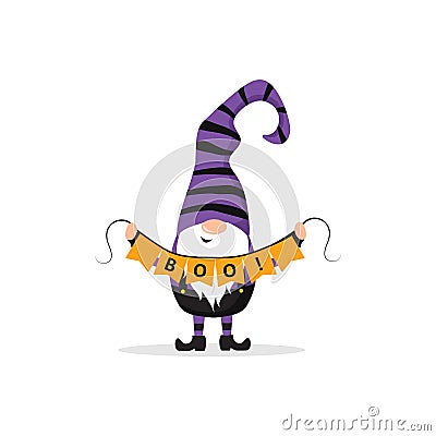 Halloween gnome. Cute scandinavian dwarf with garland. Dwarf celebrate spooky night. Happy holiday poster. Vector Vector Illustration