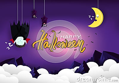 Halloween, good night greeting card, vampire and bats sleeping with moon on sky cartoon puppet characters, poster pink and purple Vector Illustration