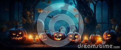 pumpkin table night blue halloween evil background horror mystery fear creepy. Generative AI. Stock Photo