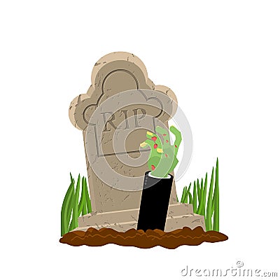 Halloween. Grave and hand of zombie. Gravestone and arm dead man Vector Illustration