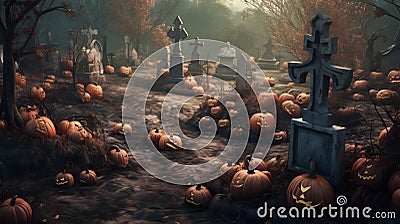 Halloween graveyad with pumkins. AI generated Stock Photo