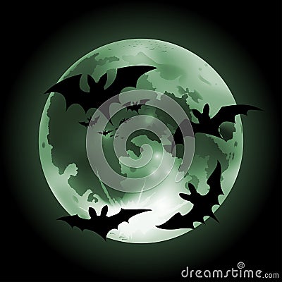 Halloween green full Moon on a dark background with bats Vector Illustration