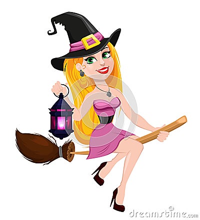 Halloween greeting card. Beautiful lady witch flying on broom Vector Illustration
