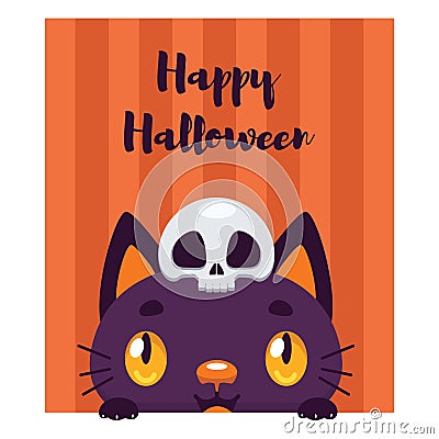 Halloween greeting card with a cute peeking black cat Vector Illustration