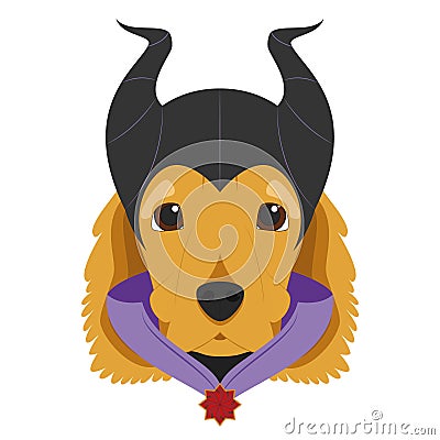 Halloween greeting card. English Cocker Spaniel dog dressed as a maleficent witch with hat and cape Vector Illustration