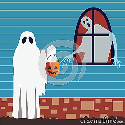 Halloween Card with Trick or Treat Scene Vector Illustration