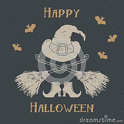 Halloween greeting card vintage label, Hand drawn sketch witch items, grunge textured retro badge, typography design t-shirt print Vector Illustration