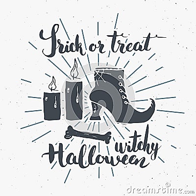Halloween greeting card vintage label, Hand drawn sketch witch items, grunge textured retro badge, typography design t-shirt print Vector Illustration