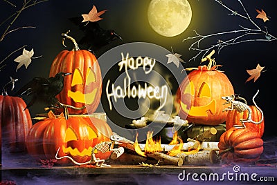 Halloween Greeting with Pumpkins and Skeleton Mice Stock Photo