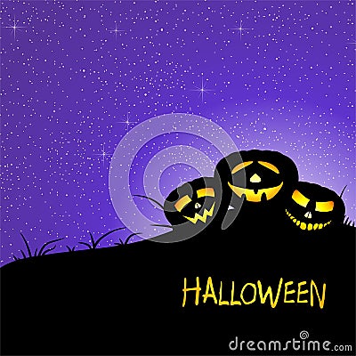 Halloween greeting with two illuminating pumpkins on meadow with grass with shining dark night sky with stars and yellow inscripti Vector Illustration