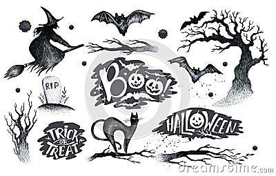 Halloween hand drawing black white graphic set icon, drawn Hallo Stock Photo