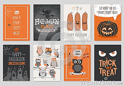 Halloween hand drawn invitation or greeting Cards set. Vector Illustration