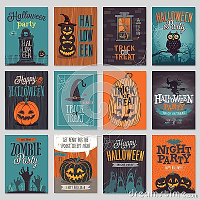 Halloween hand drawn invitation or greeting Cards set. Vector Illustration