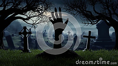 Halloween Hand of risen dead from grave in cemetery, grave crosses, zombies at night. 3d render Stock Photo