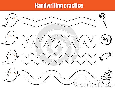Halloween handwriting practice sheet. Educational children game, printable worksheet for kids. Vector Illustration