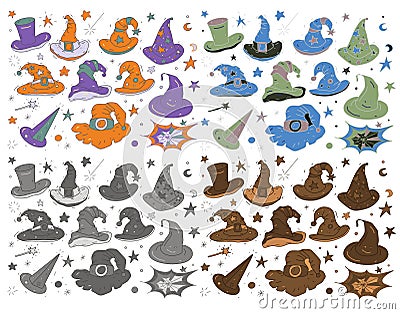 Halloween hats autumn holiday set coloring drawn by hand on a white background elements orange and purple colors Stock Photo