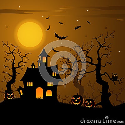 Halloween haunted castle with bats background Vector Illustration