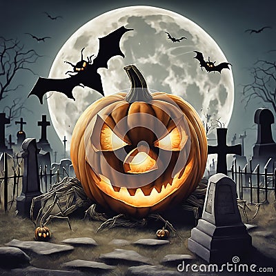 Halloween, haunted castle with tombstones under full moon and bats. Creepy pumpkin Stock Photo